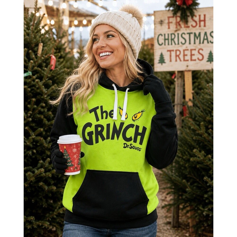 Dr Seuss The Grinch Hoodie Unisex XL Neon Green Black Pullover Christmas Top